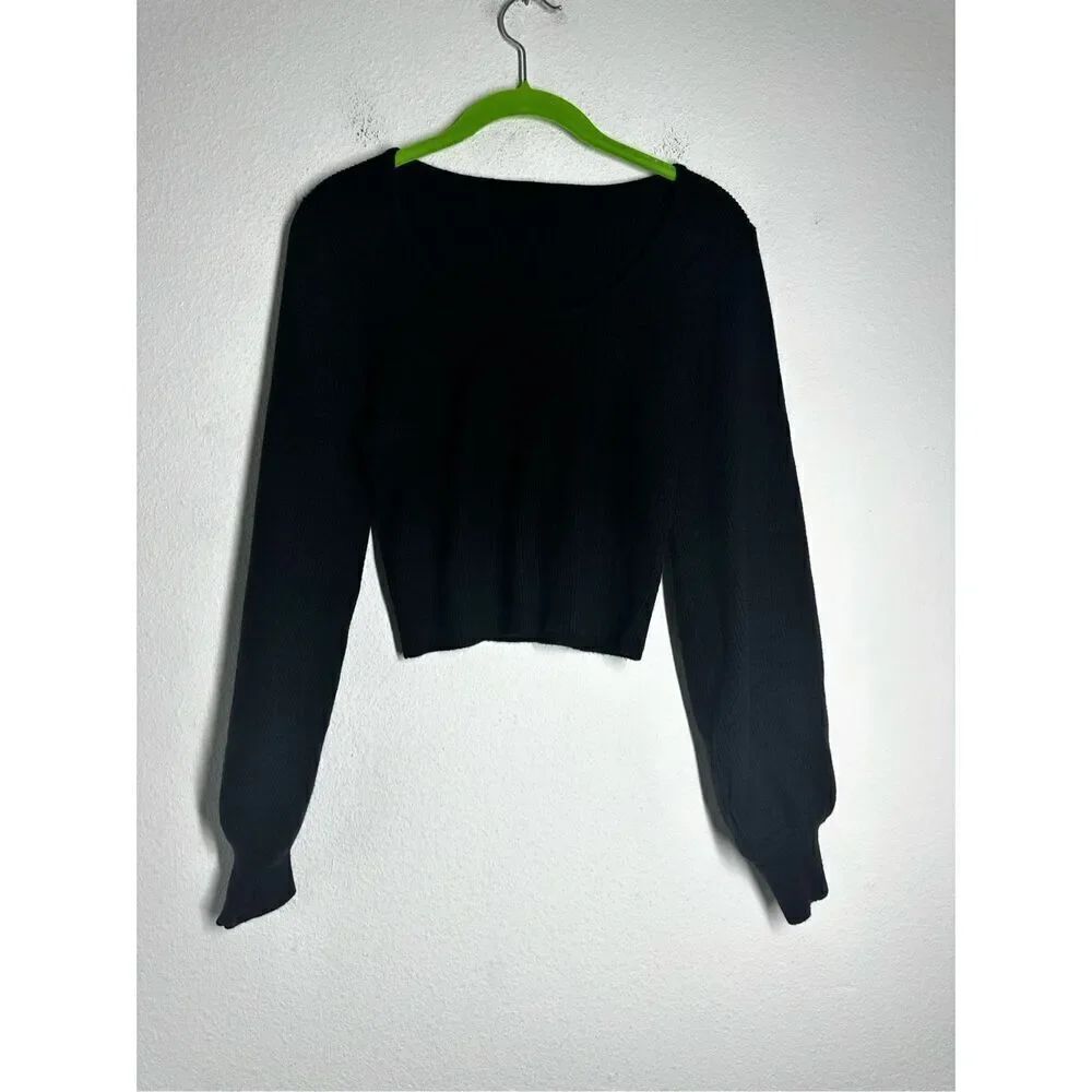 Women’s Gothic Crop Soft Sweater Balloon Sleeve Black Ribbed Size M